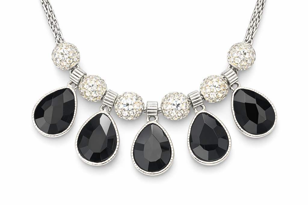 Black Teardrop Crystal Statement Necklace – Silver-Tone | Luxeerah
