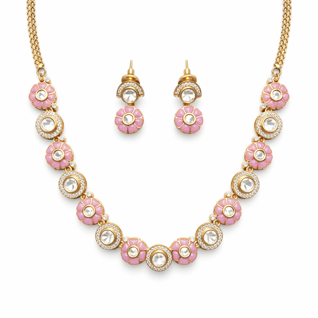 Pink Floral Kundan Necklace Set with Earrings – Luxury Traditional Wedding Jewellery