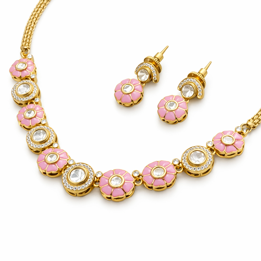Pink Floral Kundan Necklace Set with Earrings – Luxury Traditional Wedding Jewellery