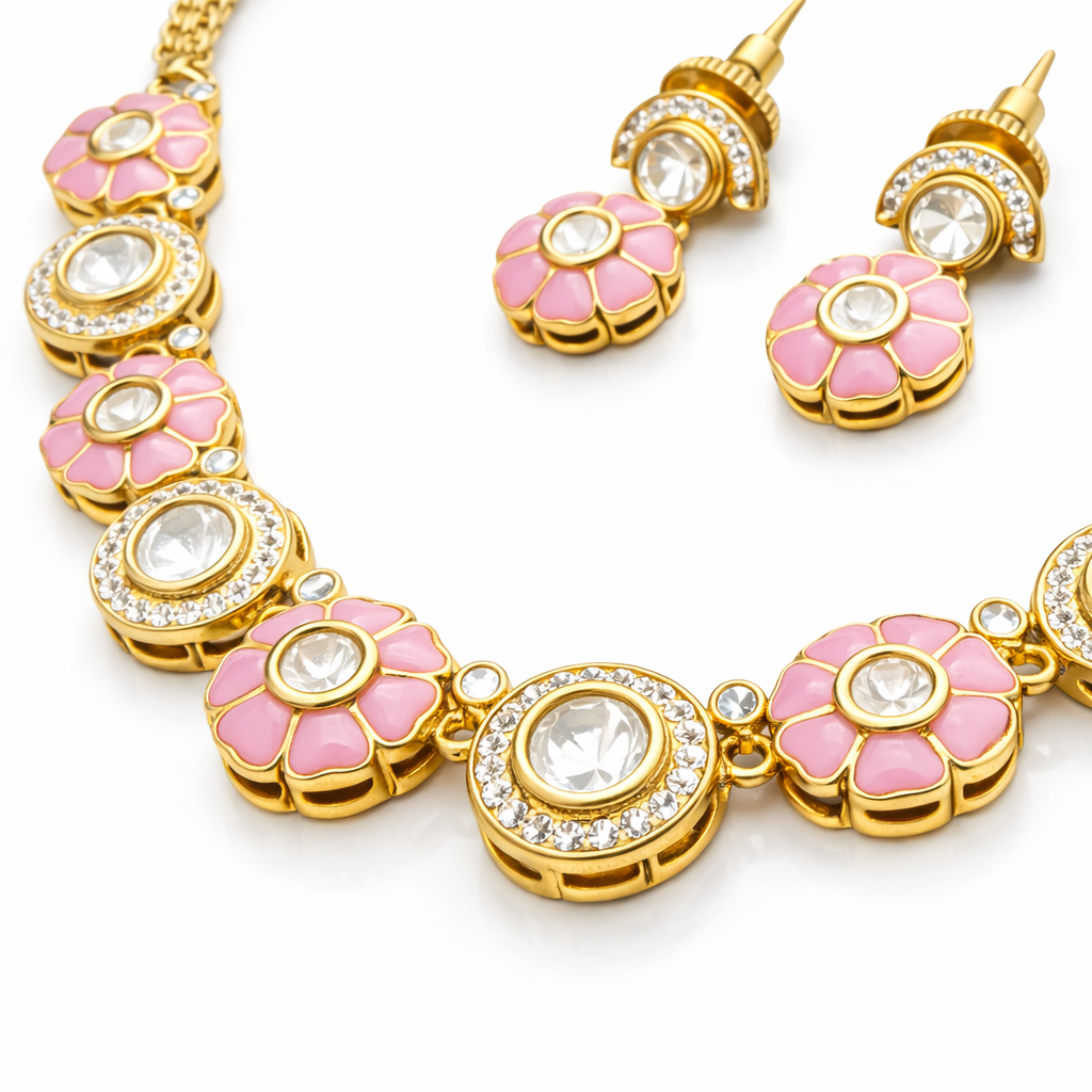 Pink Floral Kundan Necklace Set with Earrings – Luxury Traditional Wedding Jewellery