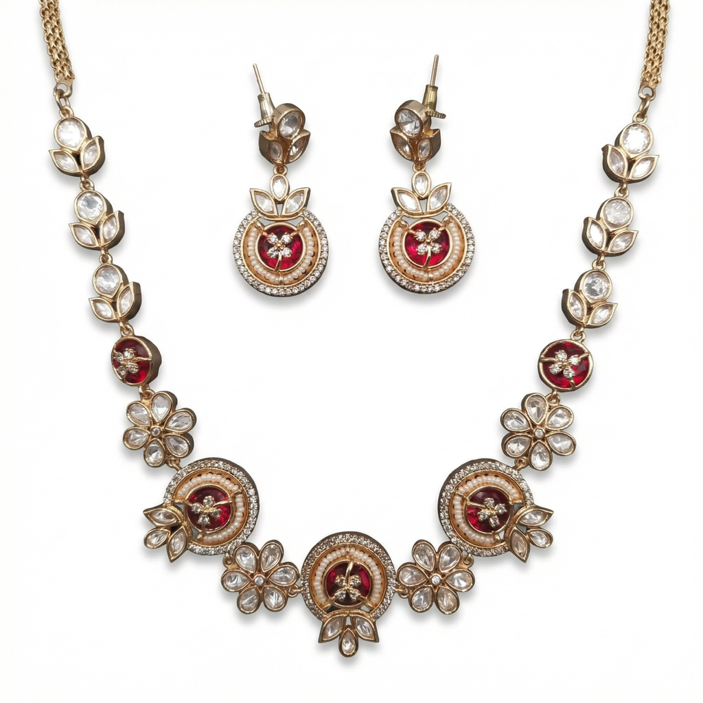 Red Kundan Floral Necklace Set with Earrings
