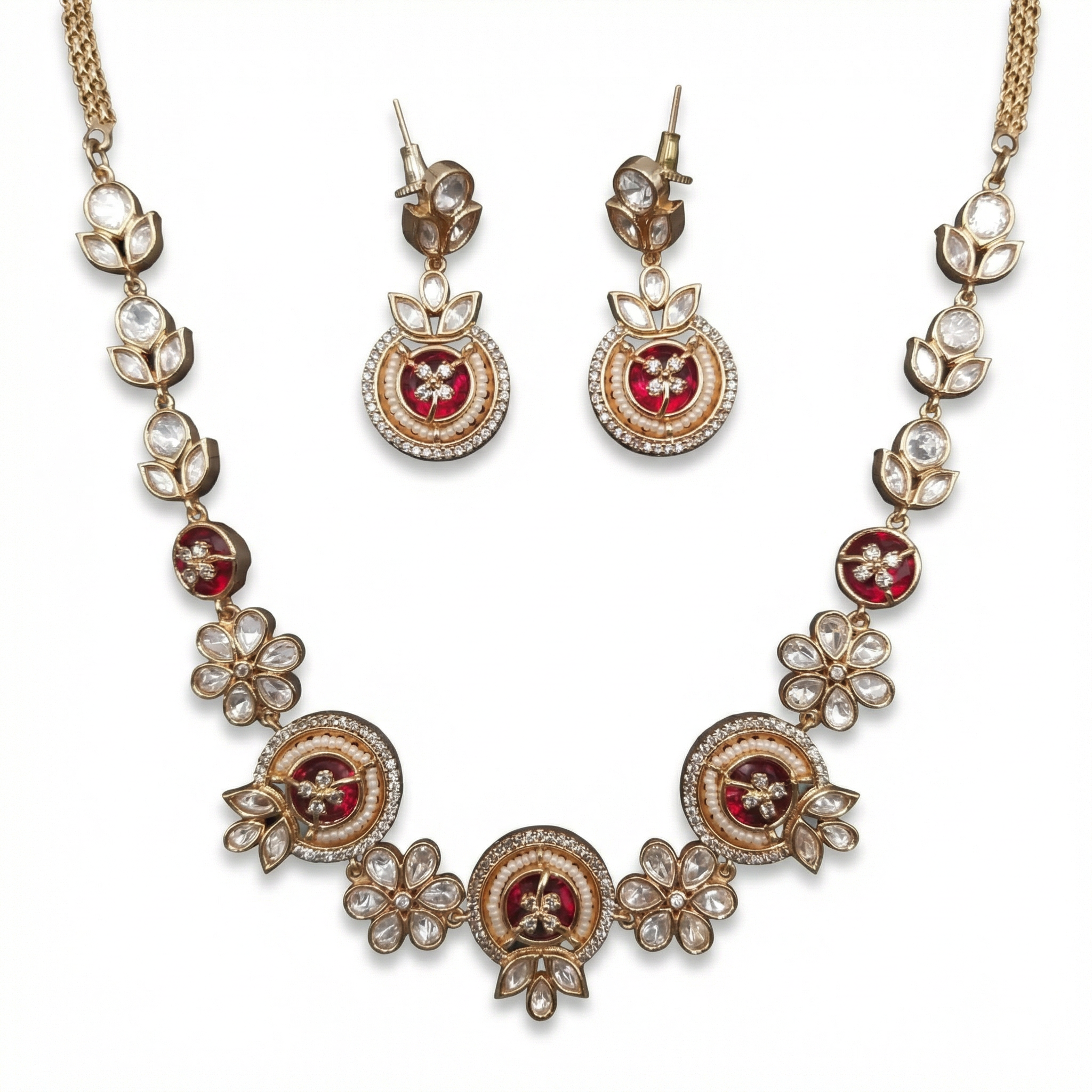 Red Kundan Floral Necklace Set with Earrings