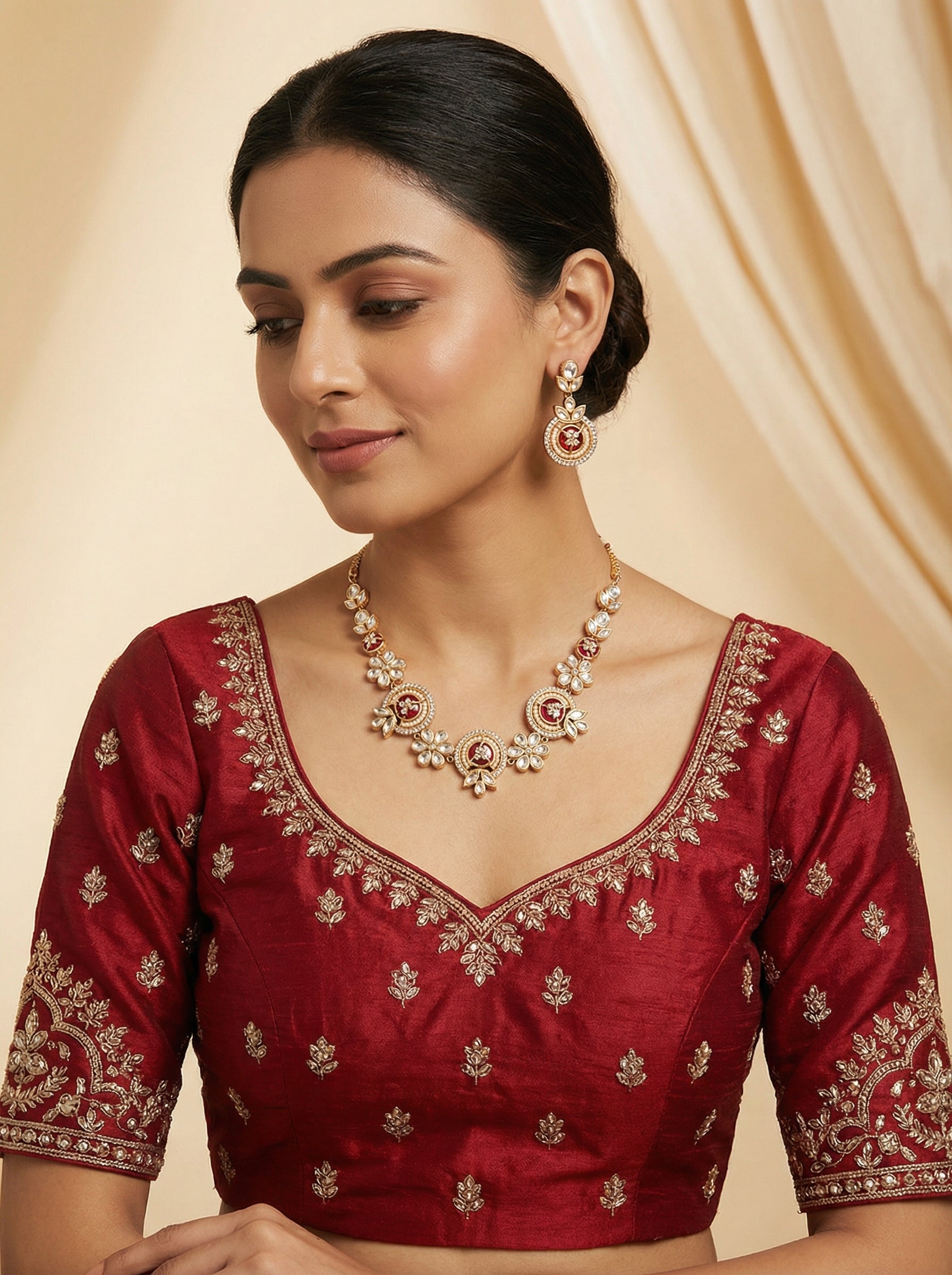 Red Kundan Floral Necklace Set with Earrings