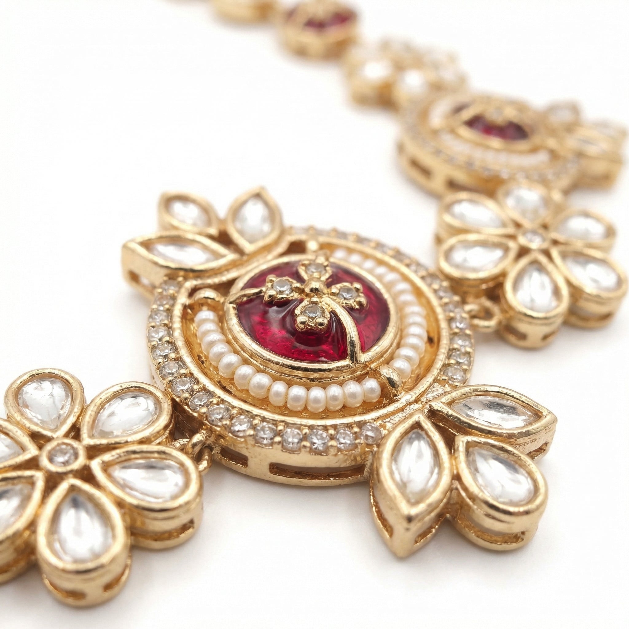 Red Kundan Floral Necklace Set with Earrings